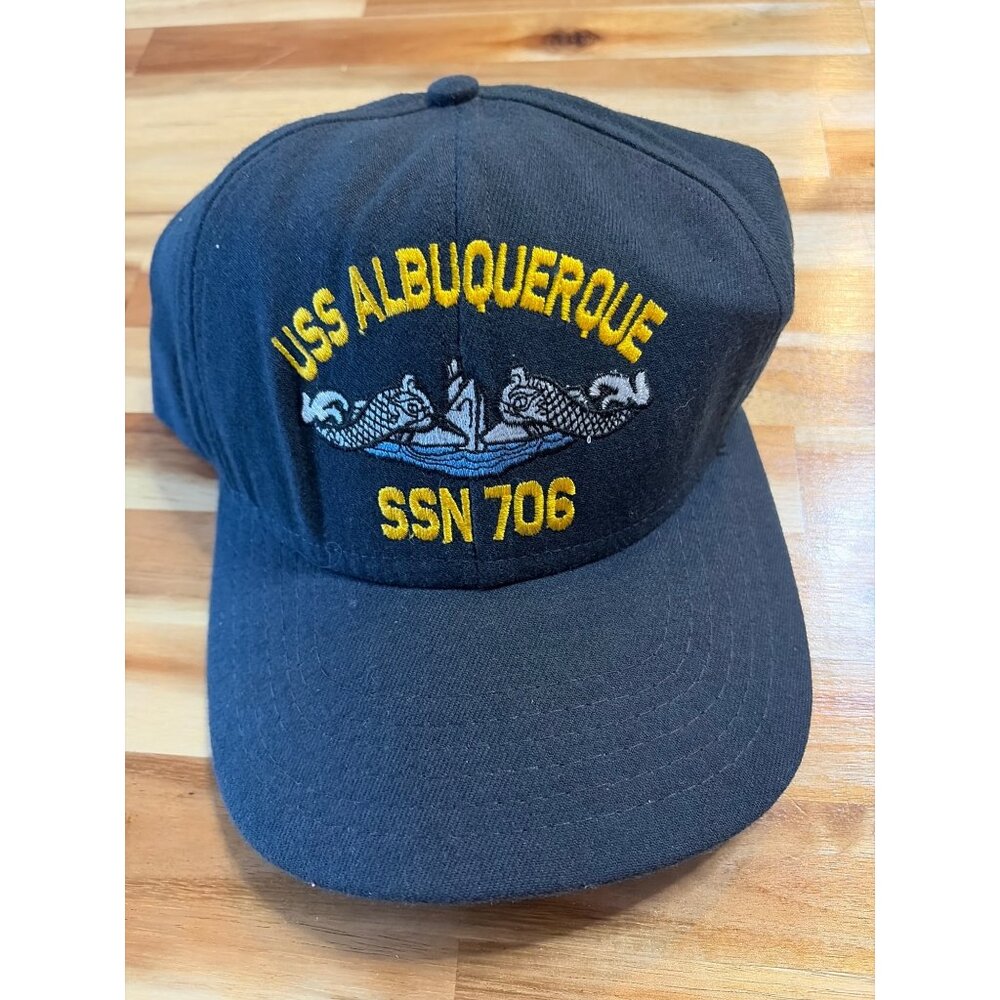 USS Albuquerque SSN 706 Vintage Snapback Hat Navy Blue Embroidered Cap Adjustabl